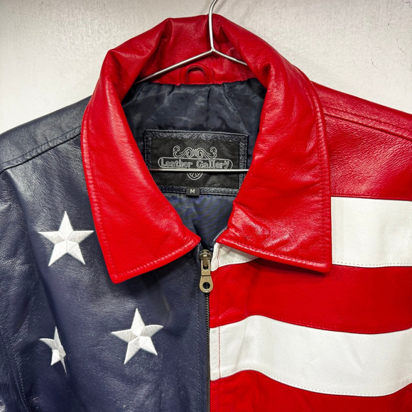 Vintage Leather USA Bomber Jacket American Flag Patriotic Stars & Stripes Moto - Picture 4 of 15